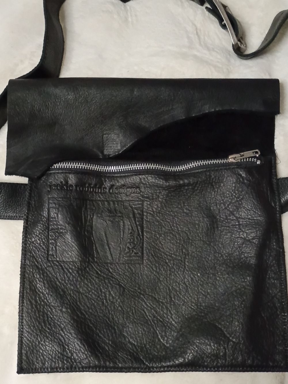 Black Leather Messenger Bag with Front Zip - Unbranded